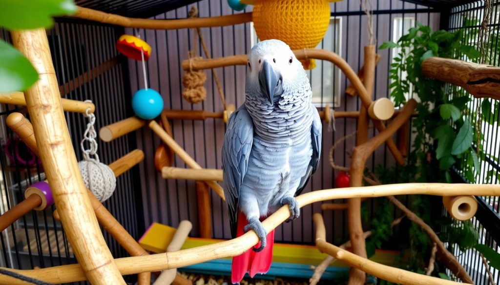 African Grey parrot in a spacious cage with toys and perches