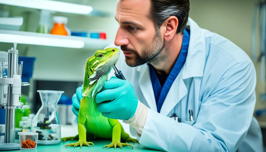 Exotic pet veterinarian examining a lizard