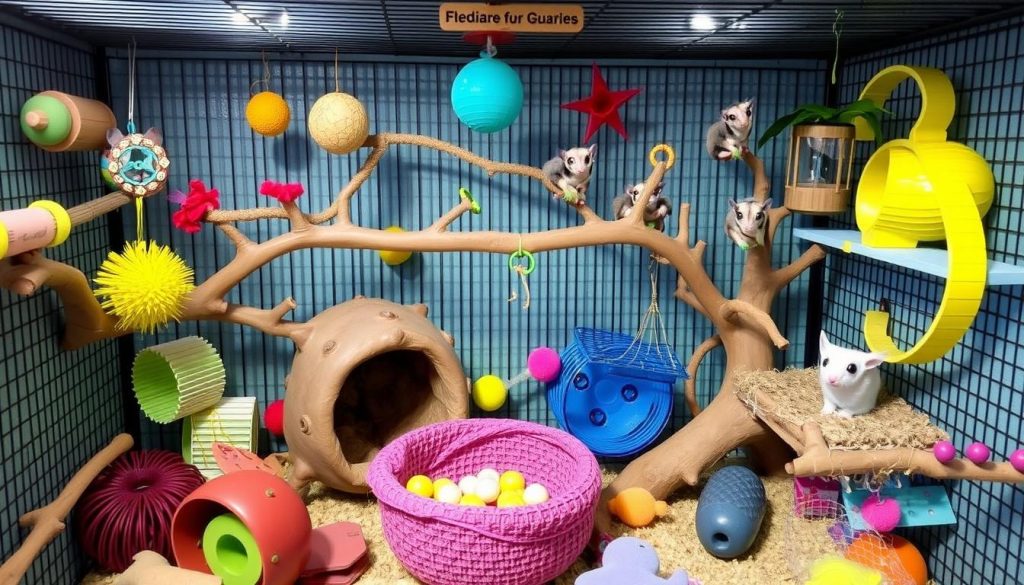 sugar glider cage setup with toys and enrichment